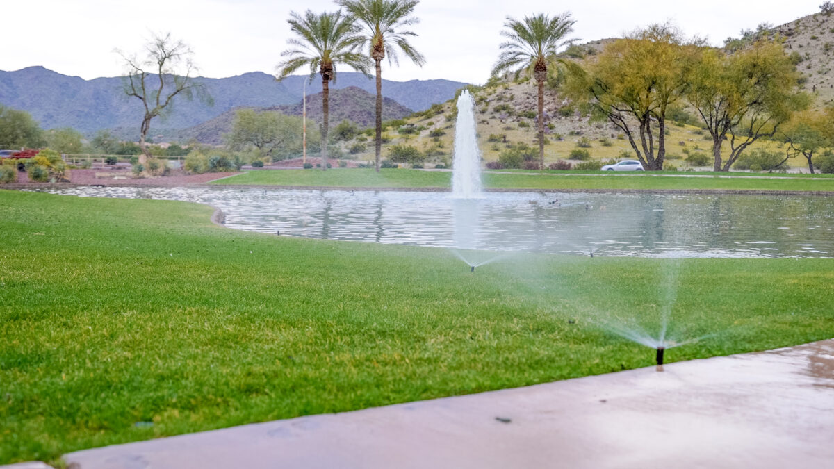 Green landscape with sprinklers running and a fountain in the middle